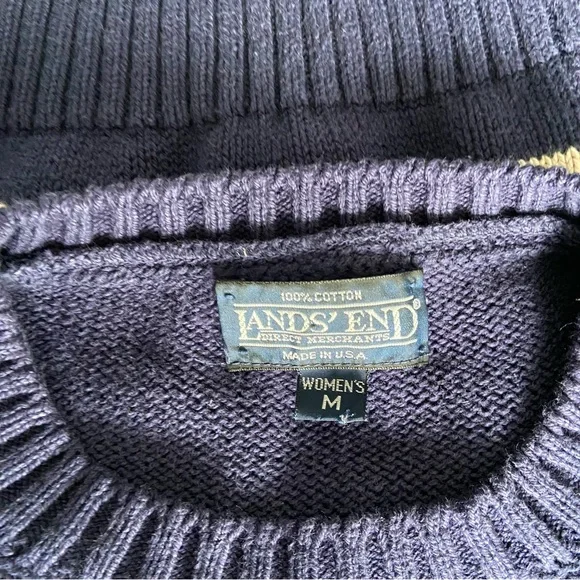 Lands End Vintage Short Sleeve Sweater Cream Navy Nautical Coastal Grandma Knit - Picture 8 of 9